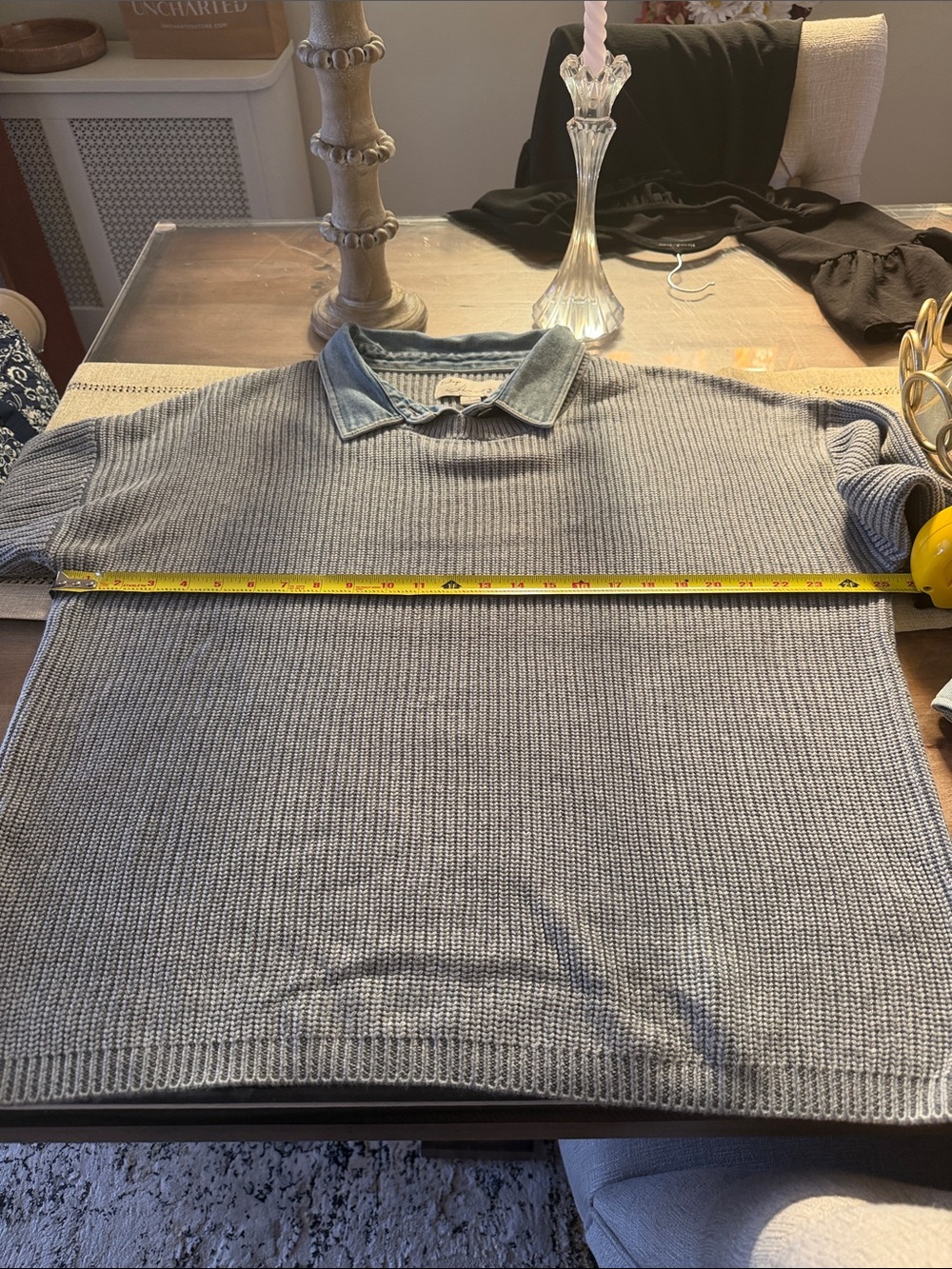 Vintage Havana Gray Ribbed Crewneck Sweater with Denim Collar & Cuffs Size L NWT - Picture 8 of 12